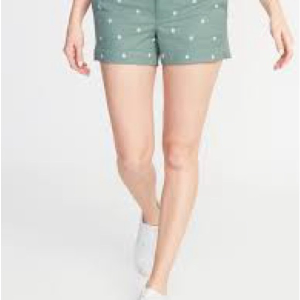 Old Navy Mid-Rise Every Day Shorts Green Khaki White Daisy Embroidered 6 EUC - Picture 5 of 6